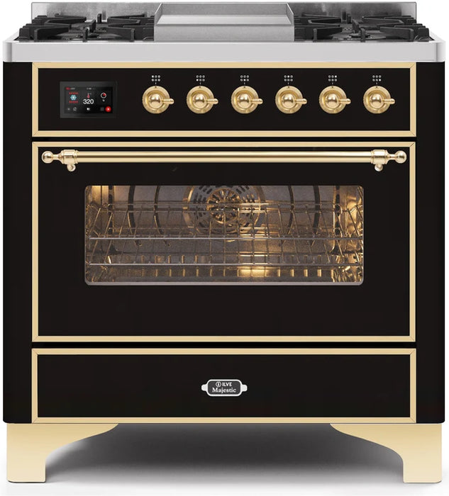Ilve UM09FDNS3BKG Majestic II 36-Inch Freestanding Dual Fuel Range – 6 Brass Burners, Griddle, Convection Oven, Glossy Black with Brass Trim