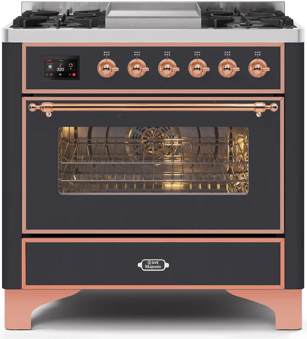 Ilve UM09FDNS3MGP Majestic II 36-Inch Freestanding Dual Fuel Range with 6 Sealed Black Brass Burners, Griddle, Electric Convection Oven, TFT Display, Warming Drawer – Matte Graphite with Copper Trim