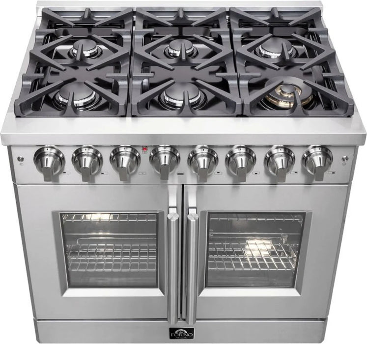 Forno Massimo FFSGS6325-36 36" Stainless Steel French Door Dual Fuel Range, 6 Sealed Burners, 5.36 cu. ft. True Convection Oven