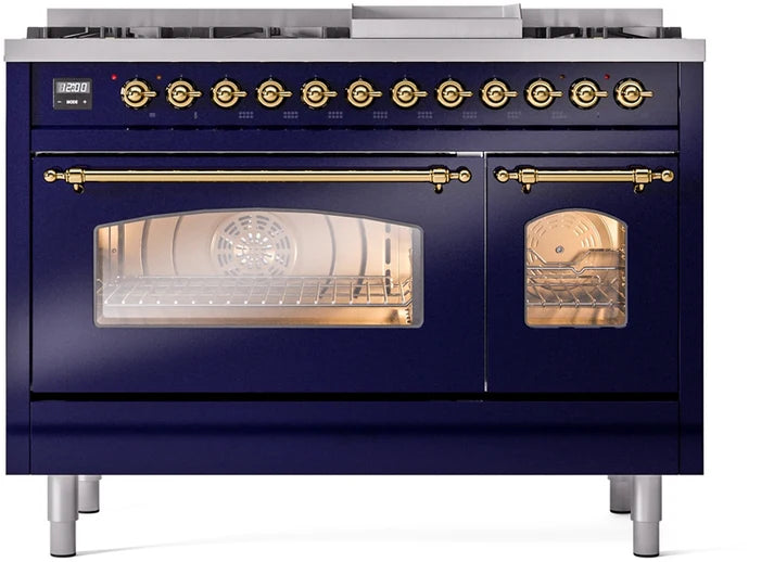 Ilve UP48FNMPMBG 48 in Nostalgie II Dual Fuel Range, 8 Burners, Griddle, Double Oven, Midnight Blue, Brass
