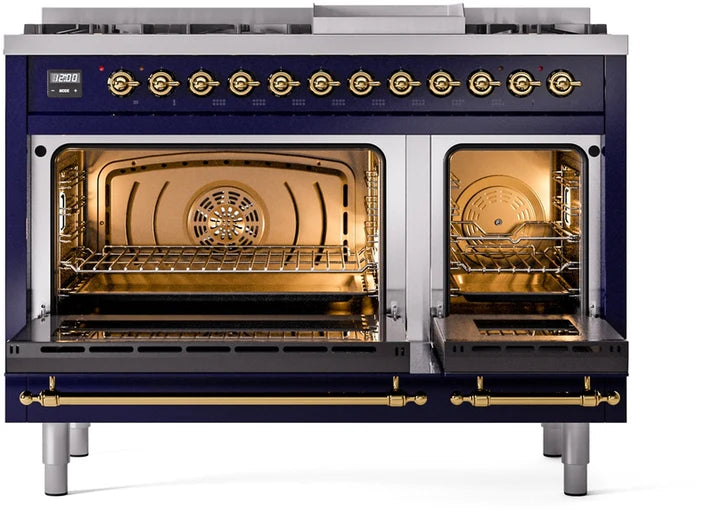 Ilve UP48FNMPMBG 48 in Nostalgie II Dual Fuel Range, 8 Burners, Griddle, Double Oven, Midnight Blue, Brass