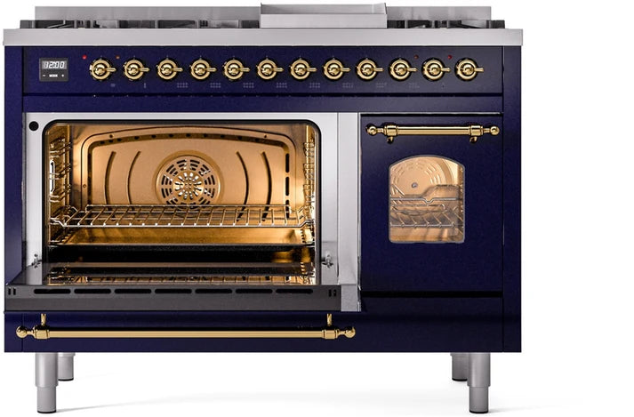 Ilve UP48FNMPMBG 48 in Nostalgie II Dual Fuel Range, 8 Burners, Griddle, Double Oven, Midnight Blue, Brass