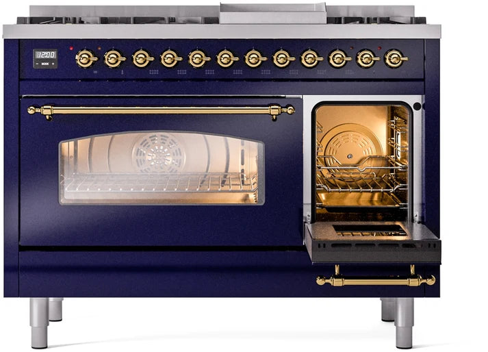 Ilve UP48FNMPMBG 48 in Nostalgie II Dual Fuel Range, 8 Burners, Griddle, Double Oven, Midnight Blue, Brass