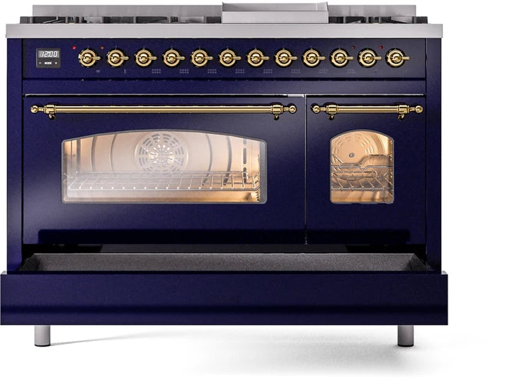 Ilve UP48FNMPMBG 48 in Nostalgie II Dual Fuel Range, 8 Burners, Griddle, Double Oven, Midnight Blue, Brass