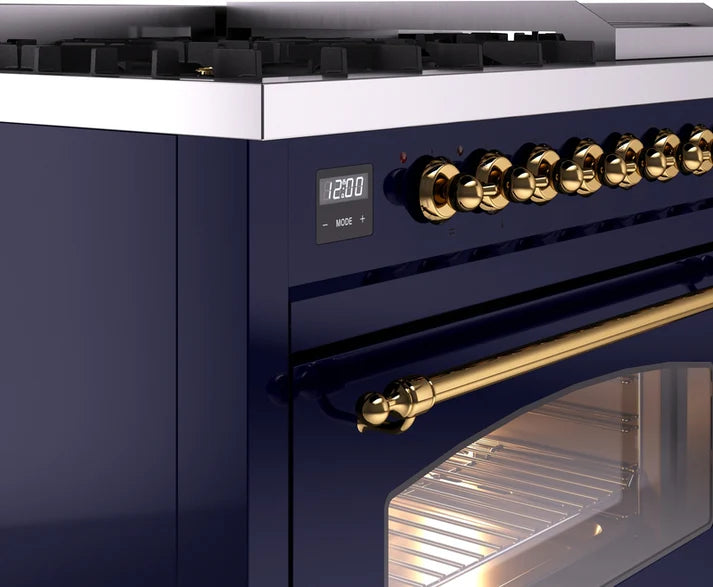 Ilve UP48FNMPMBG 48 in Nostalgie II Dual Fuel Range, 8 Burners, Griddle, Double Oven, Midnight Blue, Brass