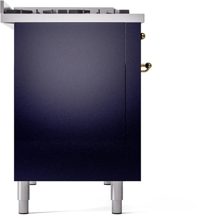 Ilve UP48FNMPMBG 48 in Nostalgie II Dual Fuel Range, 8 Burners, Griddle, Double Oven, Midnight Blue, Brass