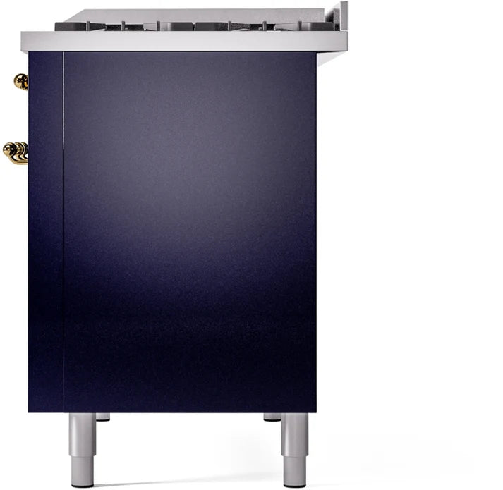 Ilve UP48FNMPMBG 48 in Nostalgie II Dual Fuel Range, 8 Burners, Griddle, Double Oven, Midnight Blue, Brass