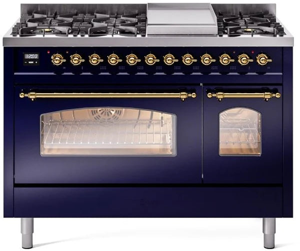Ilve UP48FNMPMBG 48 in Nostalgie II Dual Fuel Range, 8 Burners, Griddle, Double Oven, Midnight Blue, Brass
