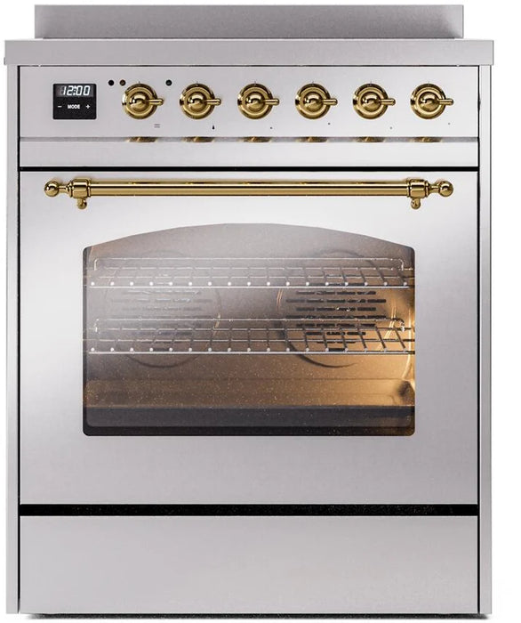 Ilve UPI304NMPSSG 30 in Nostalgie II Induction Range, 4 Elements, Single Oven, Stainless Steel, Brass
