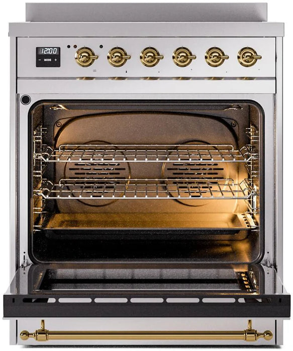 Ilve UPI304NMPSSG 30 in Nostalgie II Induction Range, 4 Elements, Single Oven, Stainless Steel, Brass
