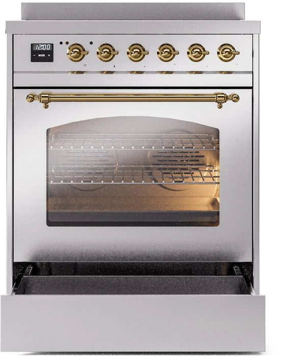 Ilve UPI304NMPSSG 30 in Nostalgie II Induction Range, 4 Elements, Single Oven, Stainless Steel, Brass