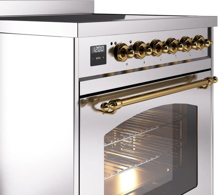 Ilve UPI304NMPSSG 30 in Nostalgie II Induction Range, 4 Elements, Single Oven, Stainless Steel, Brass