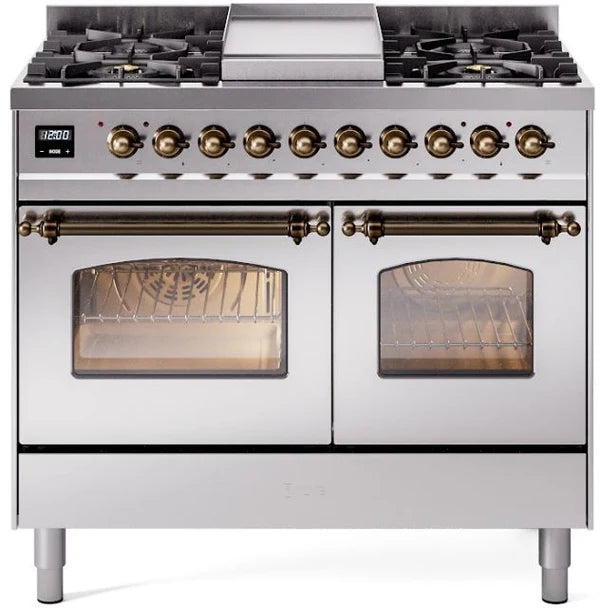 Ilve UPD40FNMPSSB 40 in Nostalgie II Dual Fuel Range, 6 Burners, Griddle, Double Oven, Stainless Steel, Burnished
