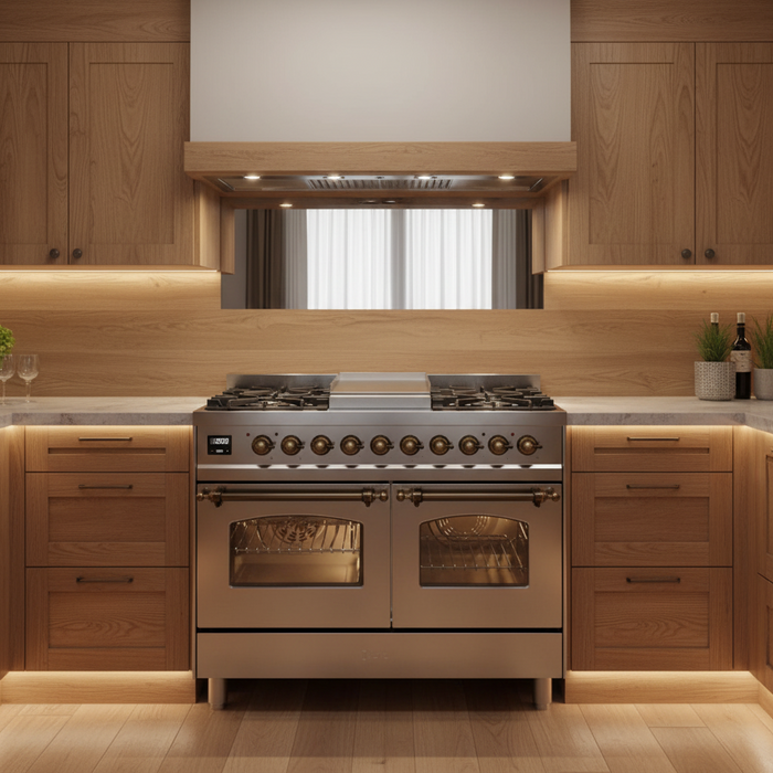Ilve UPD40FNMPSSB 40 in Nostalgie II Dual Fuel Range, 6 Burners, Griddle, Double Oven, Stainless Steel, Burnished