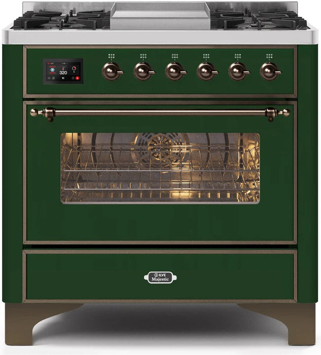Ilve UM09FDNS3EGB Majestic II 36-Inch Freestanding Dual Fuel Range with 6 Sealed Black Brass Burners, Griddle, Electric Convection Oven, TFT Display, Warming Drawer – Emerald Green with Burnished Trim