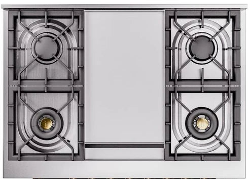 Ilve UP36FNMPAWB 36 in Nostalgie II Dual Fuel Range, 6 Burners, Griddle, Convection Oven, Antique White, Burnished