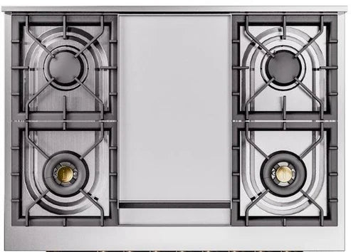 Ilve UP36FNMPSSGLP 36 in Nostalgie II Dual Fuel Range, 6 Burners, Griddle, Convection Oven, Stainless Steel, Brass, LP Gas