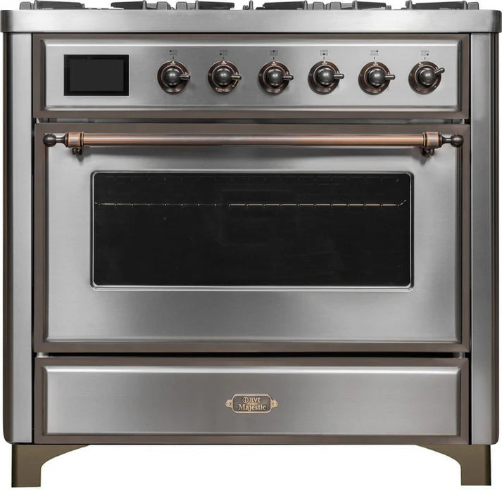 Ilve UM09FDNS3SSB Majestic II 36-Inch Freestanding Dual Fuel Range with 6 Sealed Black Brass Burners, Griddle, Electric Convection Oven, TFT Display, Warming Drawer – Stainless Steel with Burnished Trim