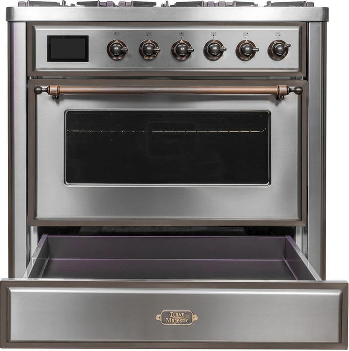 Ilve UM09FDNS3SSB Majestic II 36-Inch Freestanding Dual Fuel Range with 6 Sealed Black Brass Burners, Griddle, Electric Convection Oven, TFT Display, Warming Drawer – Stainless Steel with Burnished Trim