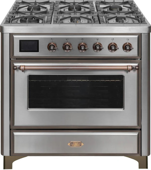 Ilve UM09FDNS3SSB Majestic II 36-Inch Freestanding Dual Fuel Range with 6 Sealed Black Brass Burners, Griddle, Electric Convection Oven, TFT Display, Warming Drawer – Stainless Steel with Burnished Trim