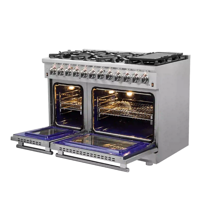 Forno Massimo FFSGS6125‑48 48" Stainless Steel Dual Fuel Range, 8 Sealed Burners, Double Ovens, True Convection