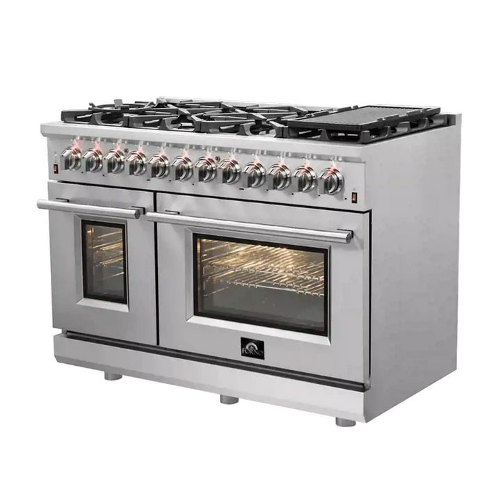 Forno Massimo FFSGS6125‑48 48" Stainless Steel Dual Fuel Range, 8 Sealed Burners, Double Ovens, True Convection