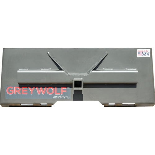 GreyWolf 2‑In Receiver Hitch Plate for Skid Steer Loaders – Gray Powder Coat, Universal Quick‑Attach Mount