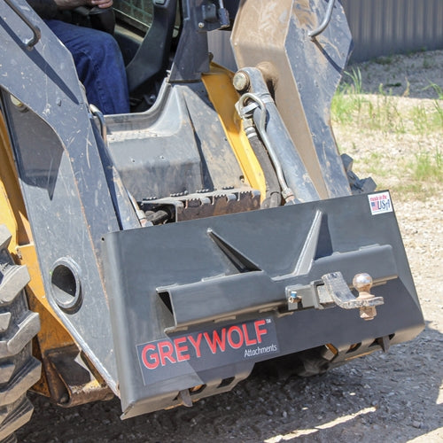 GreyWolf 2‑In Receiver Hitch Plate for Skid Steer Loaders – Gray Powder Coat, Universal Quick‑Attach Mount