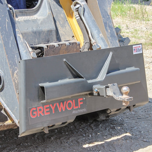 GreyWolf 2‑In Receiver Hitch Plate for Skid Steer Loaders – Gray Powder Coat, Universal Quick‑Attach Mount