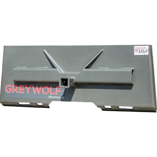 GreyWolf 2‑In Receiver Hitch Plate for Skid Steer Loaders – Gray Powder Coat, Universal Quick‑Attach Mount