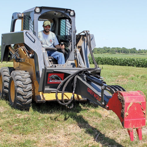 GreyWolf Backhoe Attachment for Skid Steer Loaders – Gray/Red Powder Coat Finish, 12‑in Bucket, Universal Quick Attach Plate