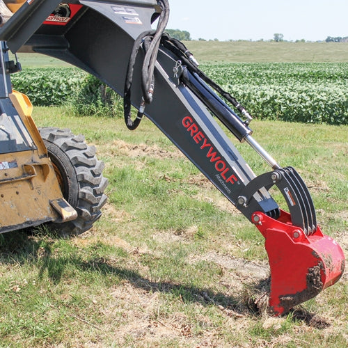 GreyWolf Backhoe Attachment for Skid Steer Loaders – Gray/Red Powder Coat Finish, 12‑in Bucket, Universal Quick Attach Plate