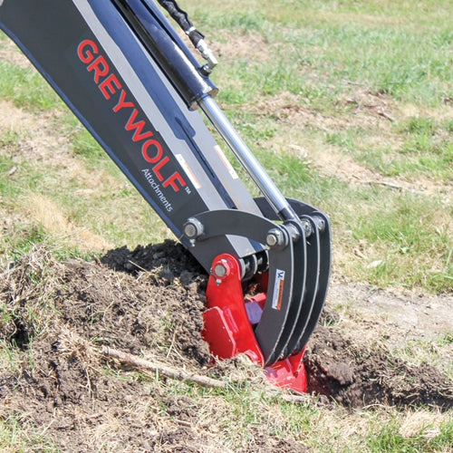 GreyWolf Backhoe Attachment for Skid Steer Loaders – Gray/Red Powder Coat Finish, 12‑in Bucket, Universal Quick Attach Plate