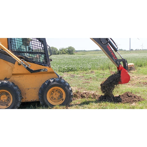GreyWolf Backhoe Attachment for Skid Steer Loaders – Gray/Red Powder Coat Finish, 12‑in Bucket, Universal Quick Attach Plate