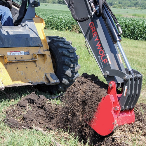 GreyWolf Backhoe Attachment for Skid Steer Loaders – Gray/Red Powder Coat Finish, 12‑in Bucket, Universal Quick Attach Plate