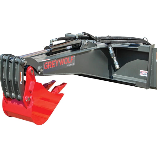 GreyWolf Backhoe Attachment for Skid Steer Loaders – Gray/Red Powder Coat Finish, 12‑in Bucket, Universal Quick Attach Plate