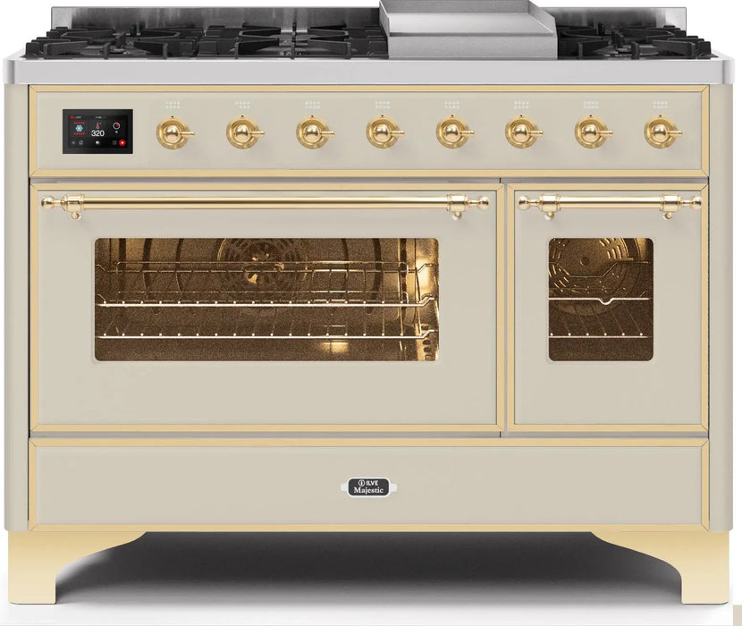 ILVE Majestic II 48-Inch Dual Fuel Range with 8 Burners and Griddle, Antique White Brass Trim