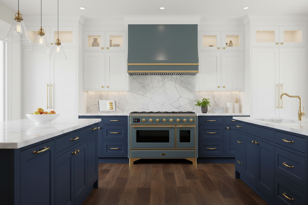 ILVE Majestic II 48-Inch Dual Fuel Range with 8 Burners and Griddle, Blue Grey Brass Trim