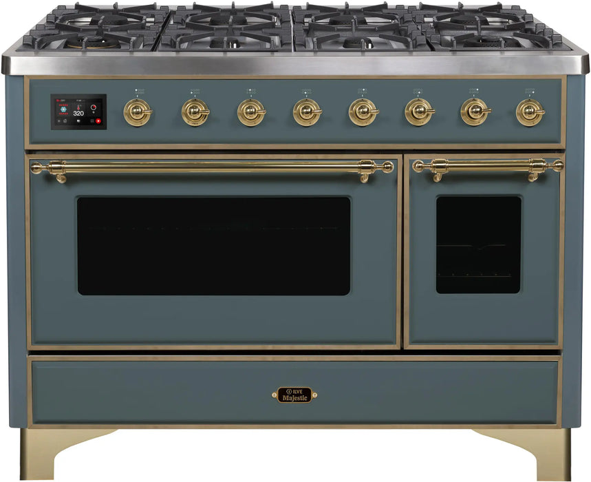 ILVE Majestic II 48-Inch Dual Fuel Range with 8 Burners and Griddle, Blue Grey Brass Trim