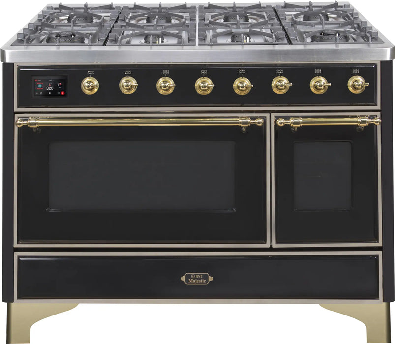 ILVE Majestic II 48-Inch Dual Fuel Range with 8 Burners and Griddle, Glossy Black Brass Trim