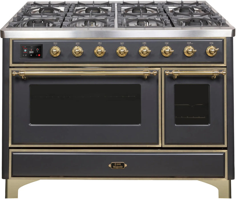 ILVE Majestic II 48-Inch Dual Fuel Range with 8 Burners and Griddle, Graphite Matte Brass Trim