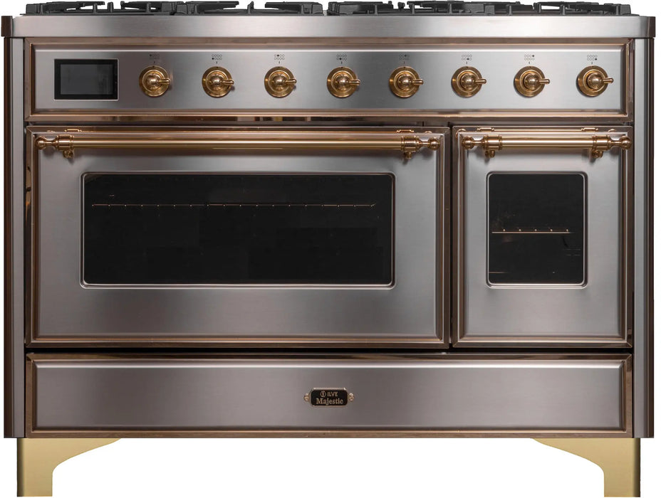 ILVE Majestic II 48-Inch Dual Fuel Range with 8 Burners and Griddle, Stainless Steel Brass Trim