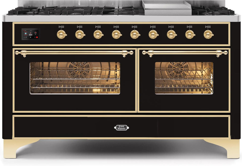 ILVE Majestic II 60-Inch Dual Fuel Range with 9 Burners and Griddle, Glossy Black Brass Trim
