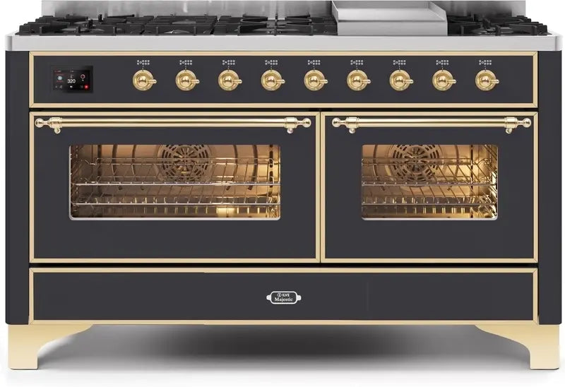 ILVE Majestic II 60-Inch Dual Fuel Range with 9 Burners and Griddle, Graphite Matte Brass Trim