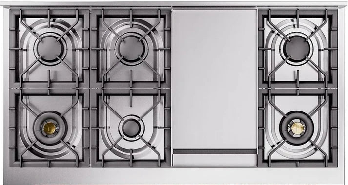 Ilve UP48FNMPMBG 48 in Nostalgie II Dual Fuel Range, 8 Burners, Griddle, Double Oven, Midnight Blue, Brass
