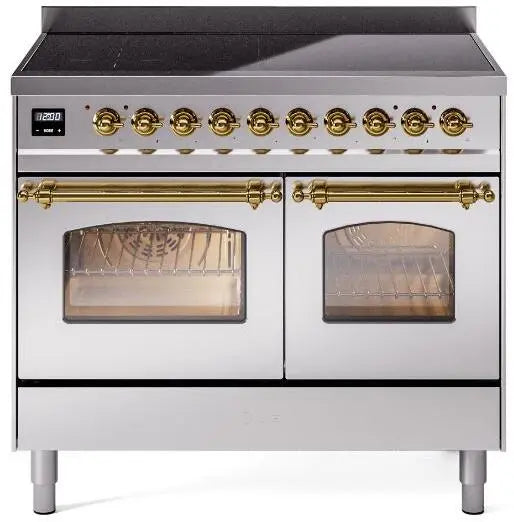ILVE Nostalgie II 40-Inch Induction Range with 6 Elements and Double Ovens, Stainless Steel Brass Trim
