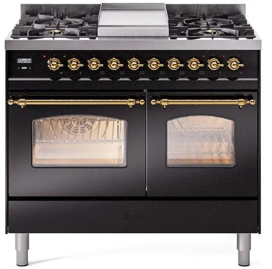 ILVE Nostalgie II 40-Inch Dual Fuel Range with Double Ovens, 6 Burners and Griddle, Glossy Black Brass Trim