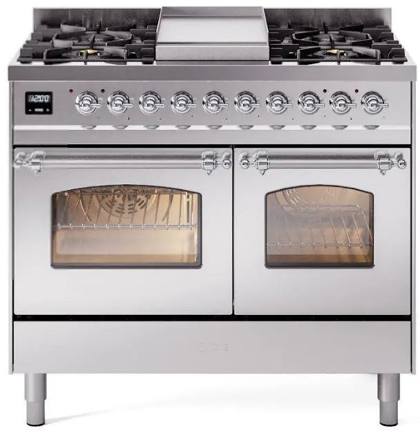 ILVE Nostalgie II 40-Inch Dual Fuel Range with Double Ovens, 6 Burners and Griddle, Stainless Steel Chrome Trim