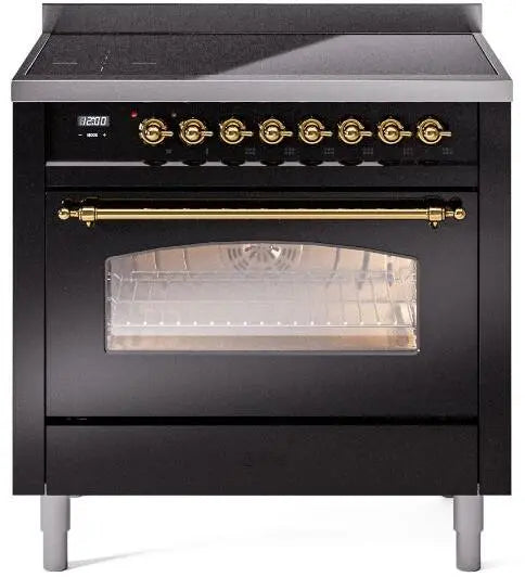 ILVE Nostalgie II 36-Inch Induction Range with 6 Elements, Glossy Black Brass Trim