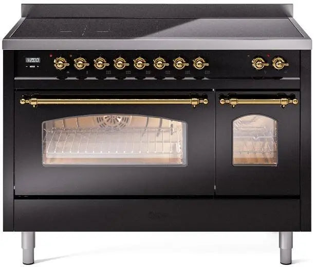 ILVE Nostalgie II 48-Inch Induction Range with 6 Elements and Double Ovens, Glossy Black Brass Trim